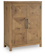Light brown wooden cabinet with two paneled doors and blue metal handles
