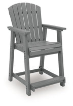 Dark gray wooden barstool with slatted back, armrests, and wide seat plank.