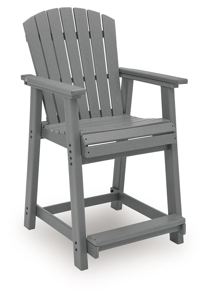 Dark gray wooden barstool with slatted back, armrests, and wide seat plank.