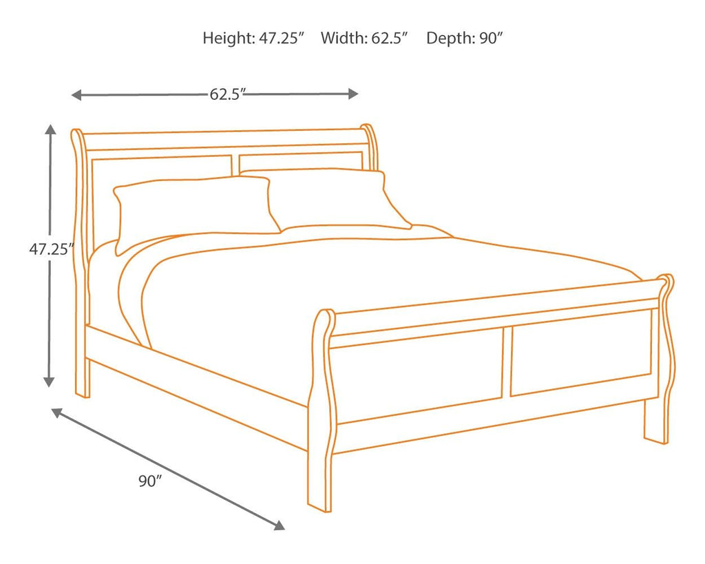 Sleigh bed line drawing with width 62.5, height 47.25, depth 90