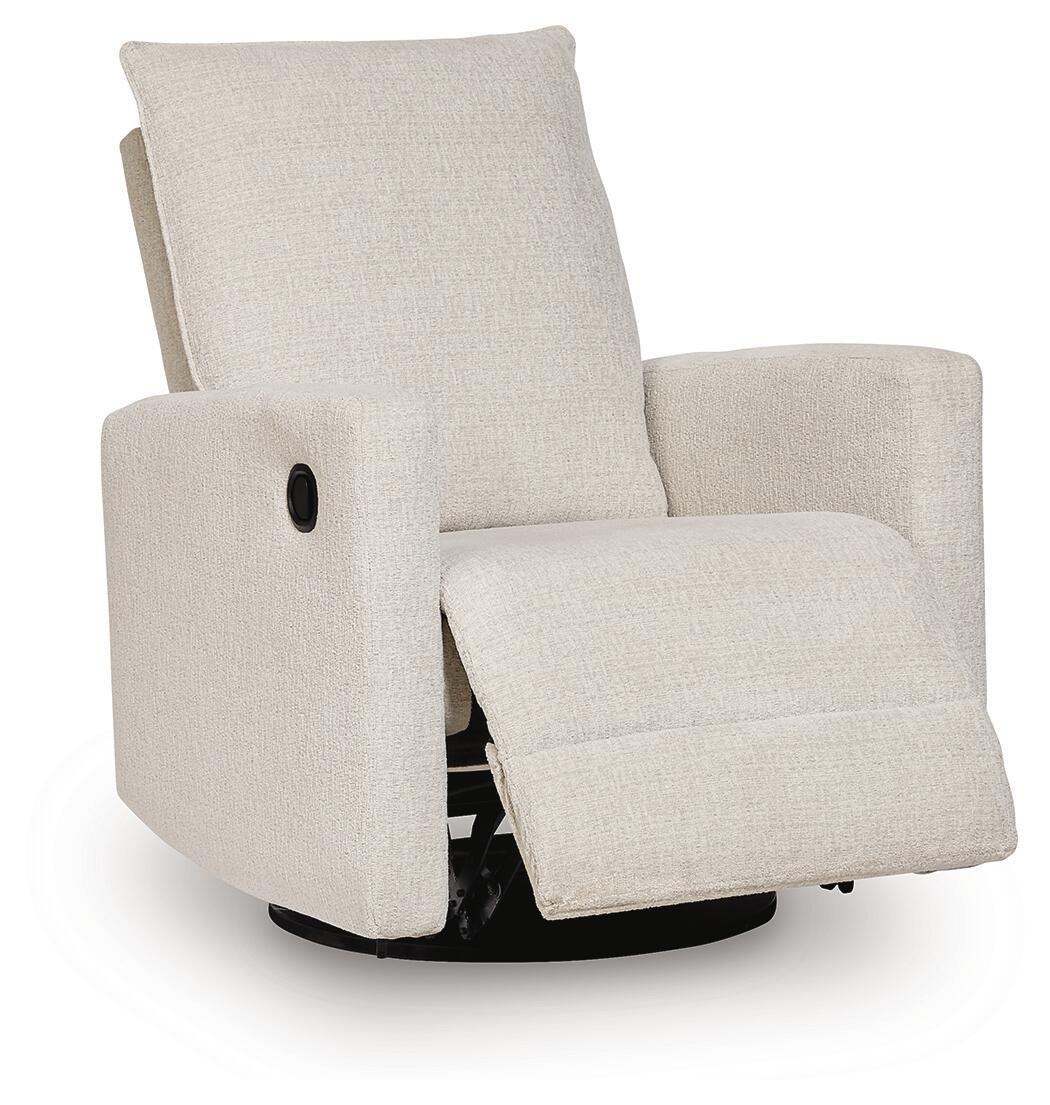 Swivel glider recliner with light canvas and visible footrest on swivel base