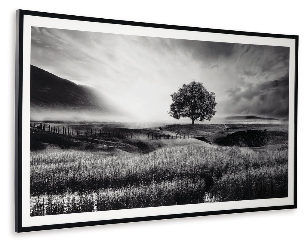 Framed monochrome wall art with lone tree, grassy hills, and winding fence