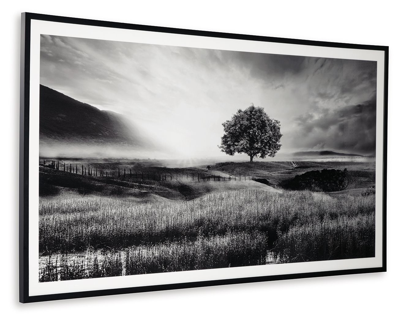 Framed monochrome wall art with lone tree, grassy hills, and winding fence