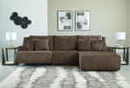 Brown striped reclining sectional sofa with chaise-style reclining seat