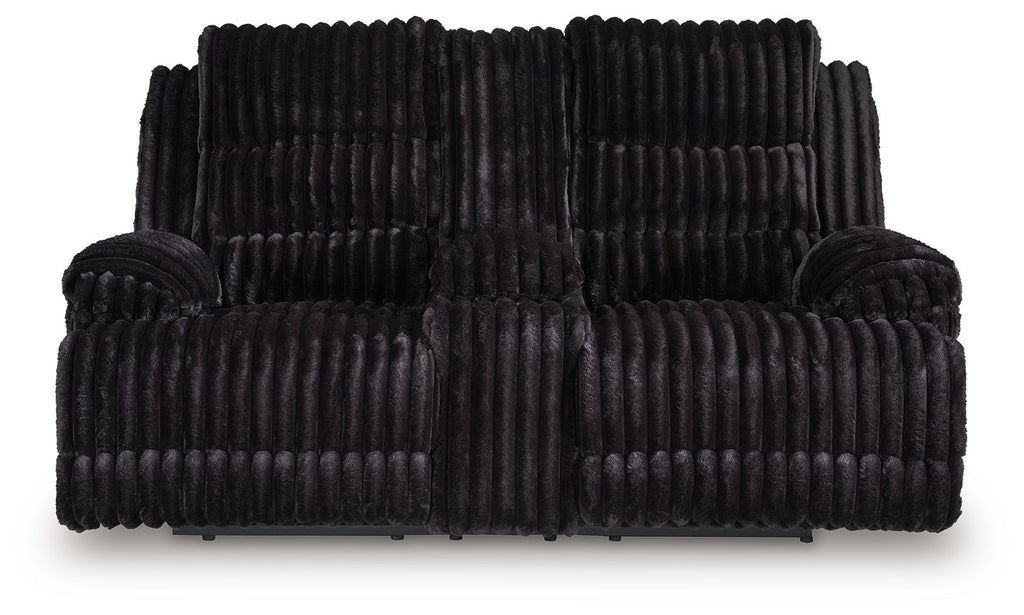 Onyx corduroy double reclining loveseat with plush seat cushions and padded armrests