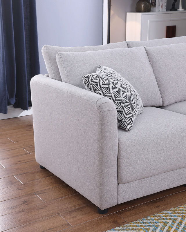 Penelope - Linen Fabric Reversible L-Shape Sectional Sofa With Ottoman And Pillows - Light Gray