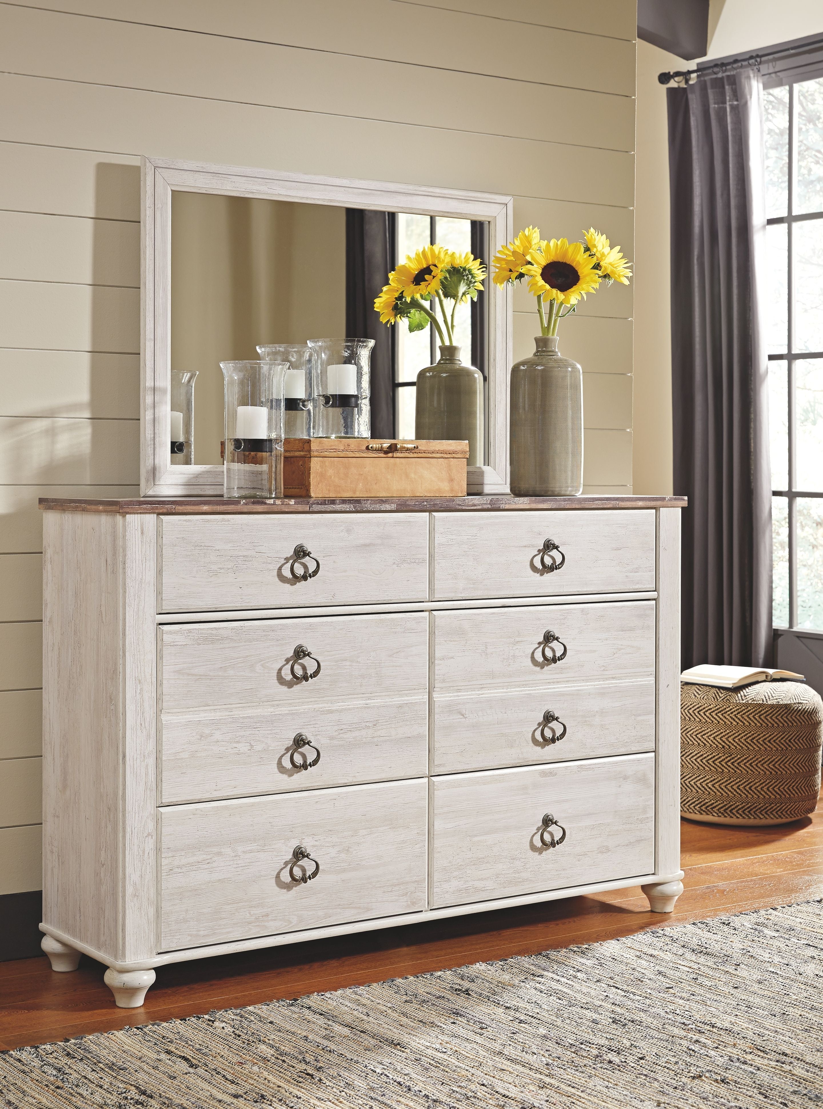 Panel dresser with mirror and drawers in light wood finish