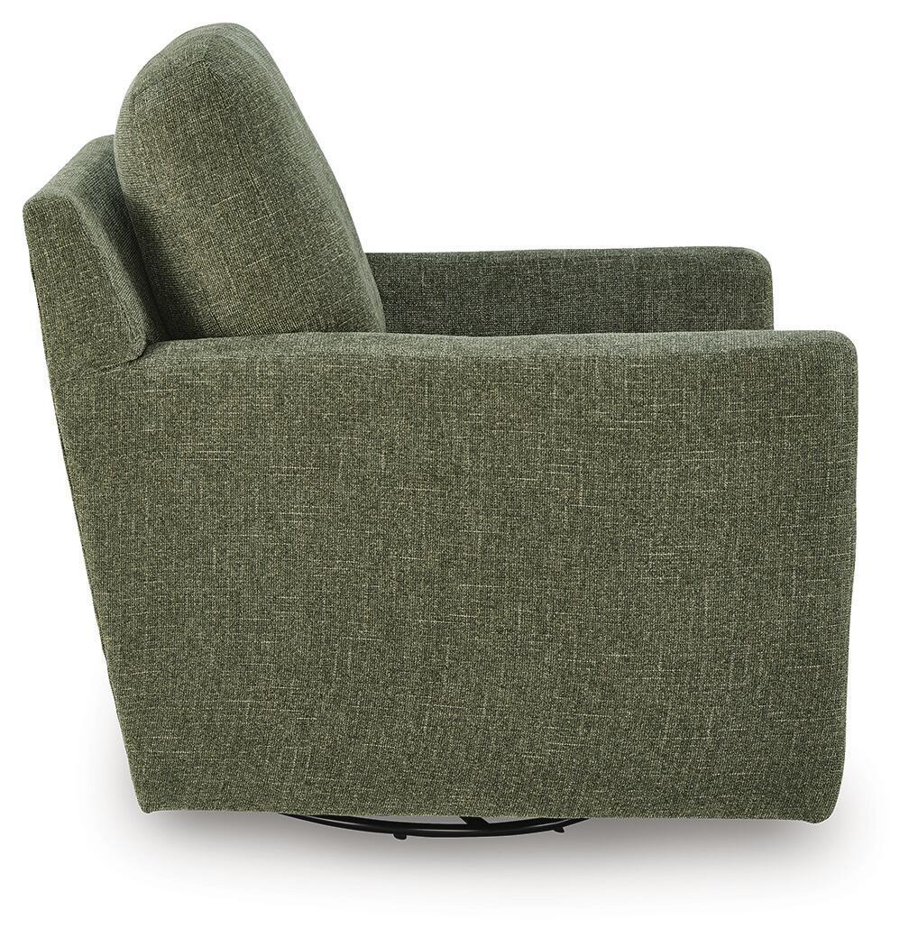 Green swivel accent chair with visible base and tall backrest.
