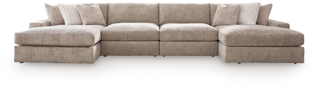Burlap-upholstered sectional sofa with clean-lined back and chaise section