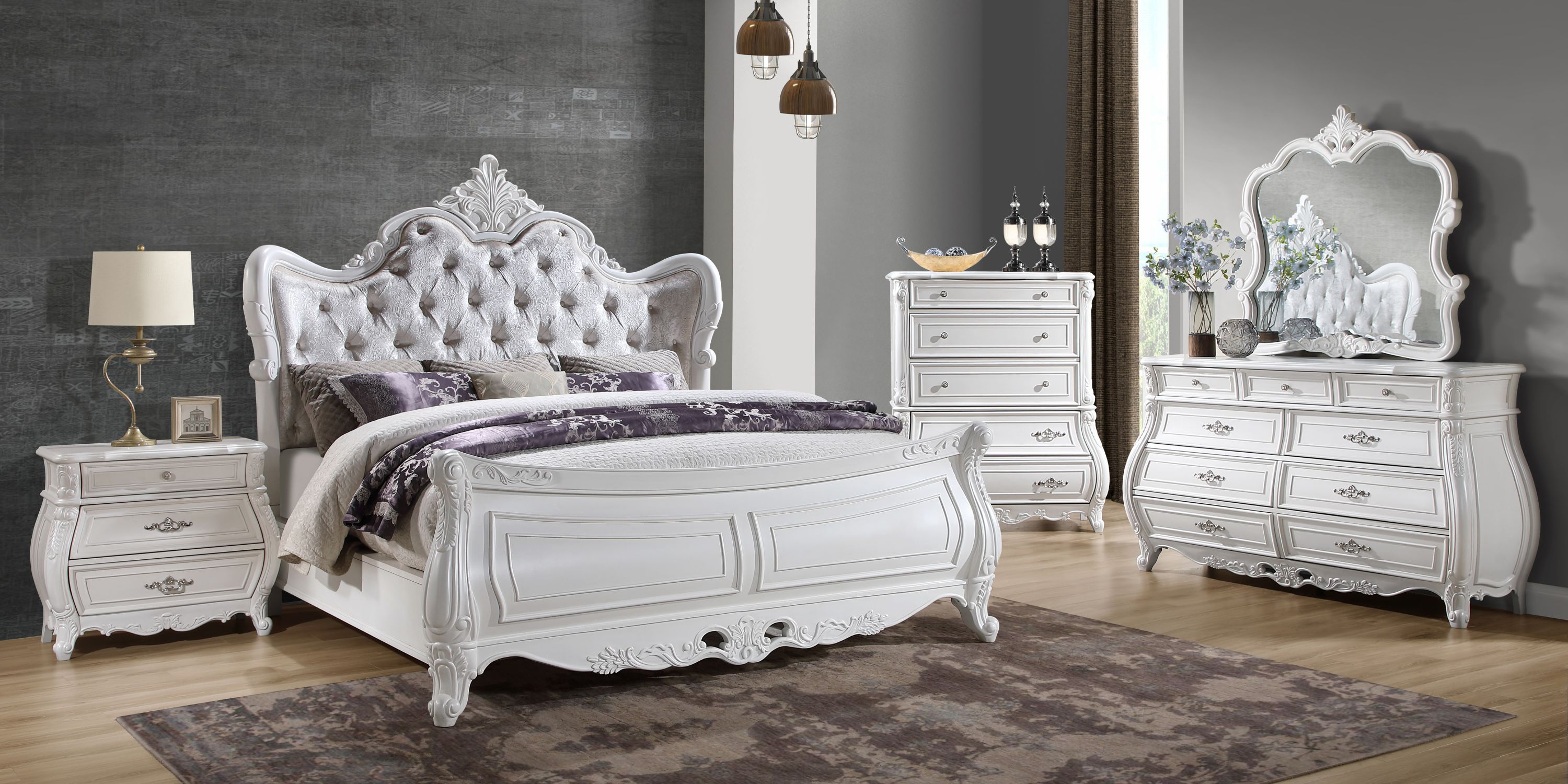 Opulence Modern Pearl White Queen 5 Pc Wood Bedroom Set
