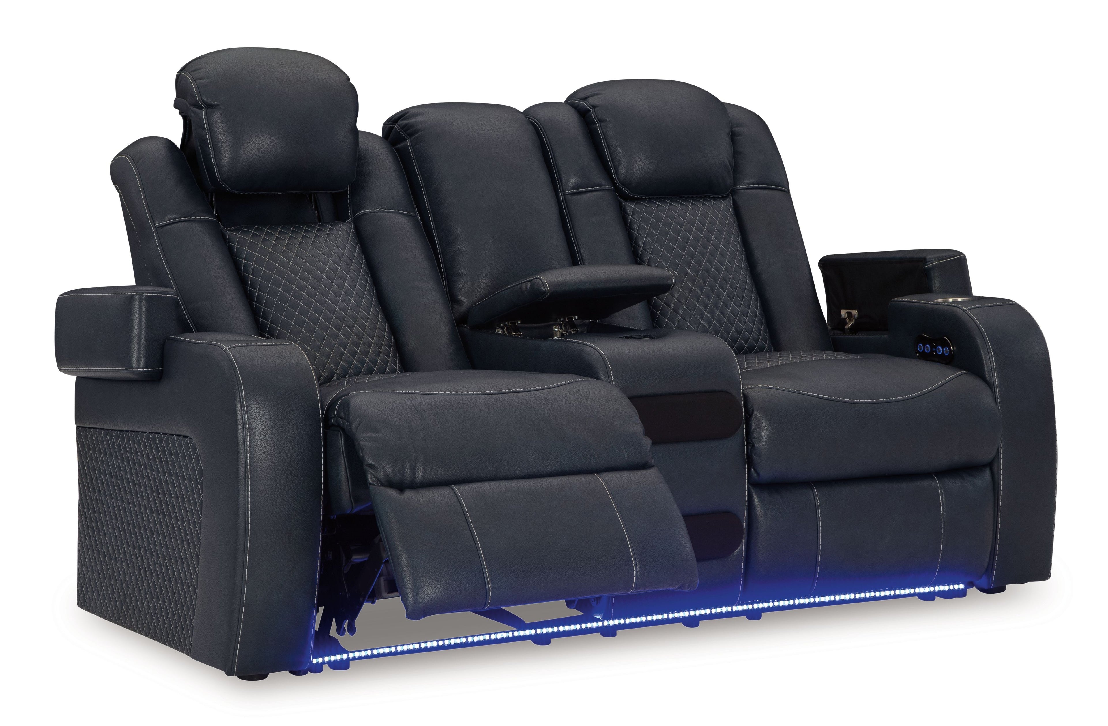 Dark blue power reclining loveseat with center console and adjustable headrest panels