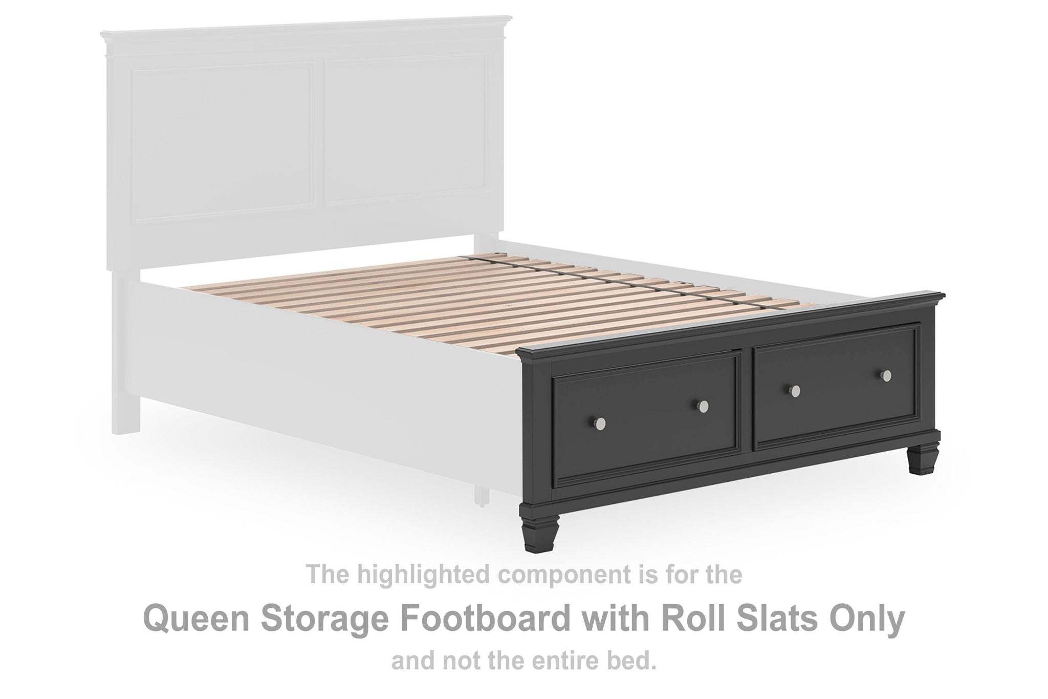 Queen storage footboard with roll slats, black with two drawer fronts
