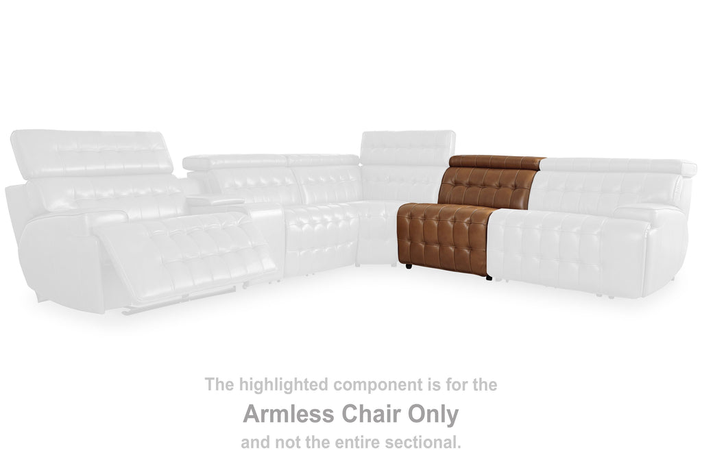 Highlighted armless chair section component in chocolate brown upholstery
