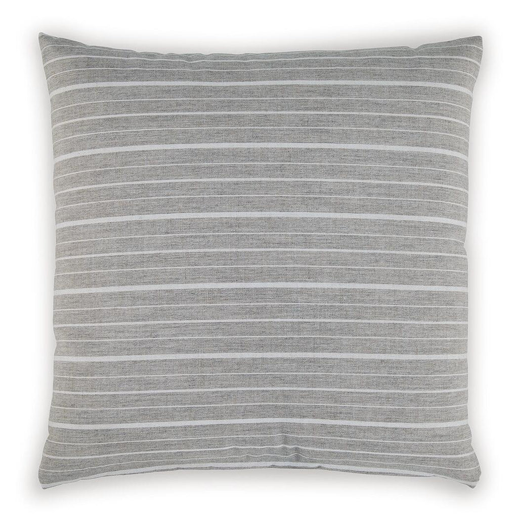 Gray throw pillow with thin horizontal stripes and square decorative seams