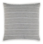 Gray throw pillow with thin horizontal stripes and square decorative seams