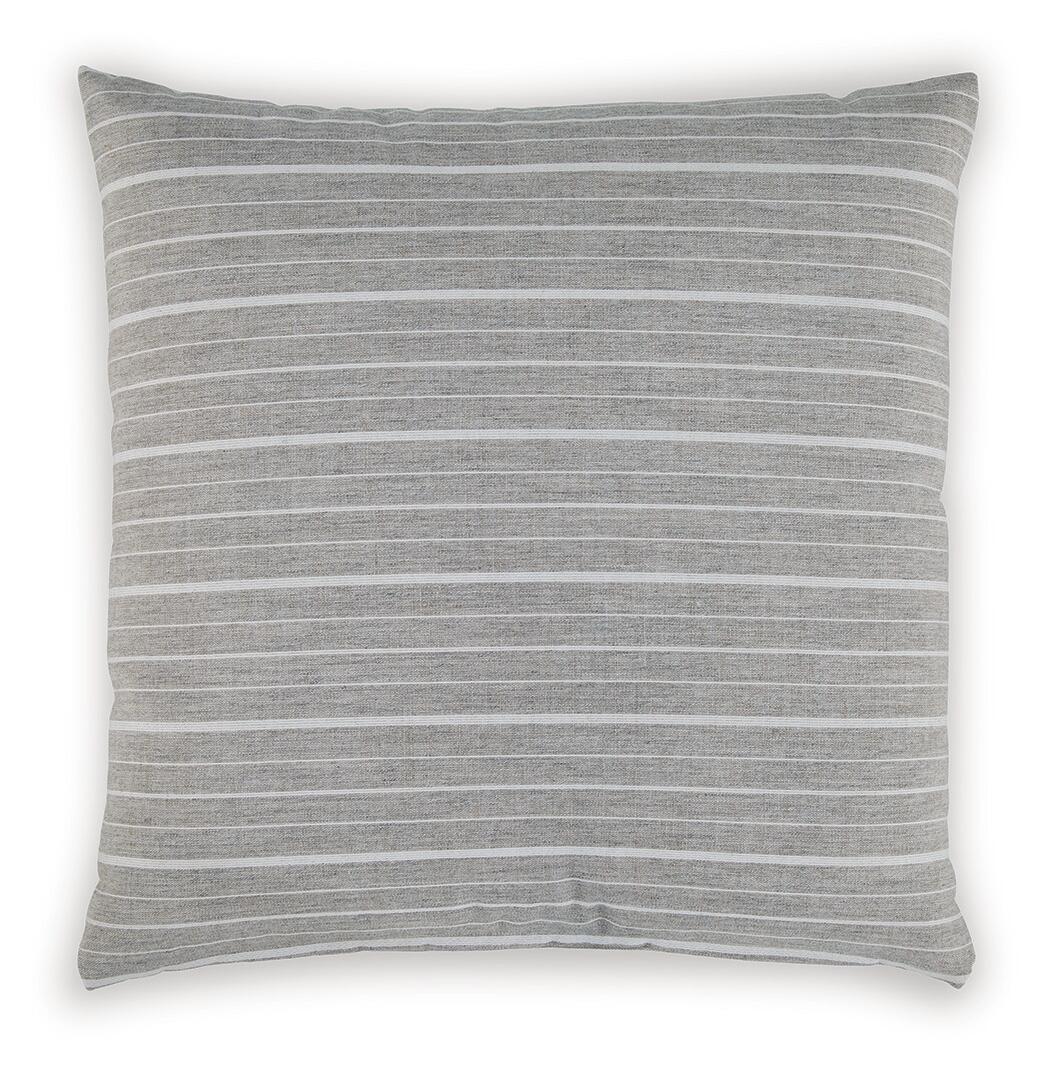 Gray throw pillow with thin horizontal stripes and square decorative seams