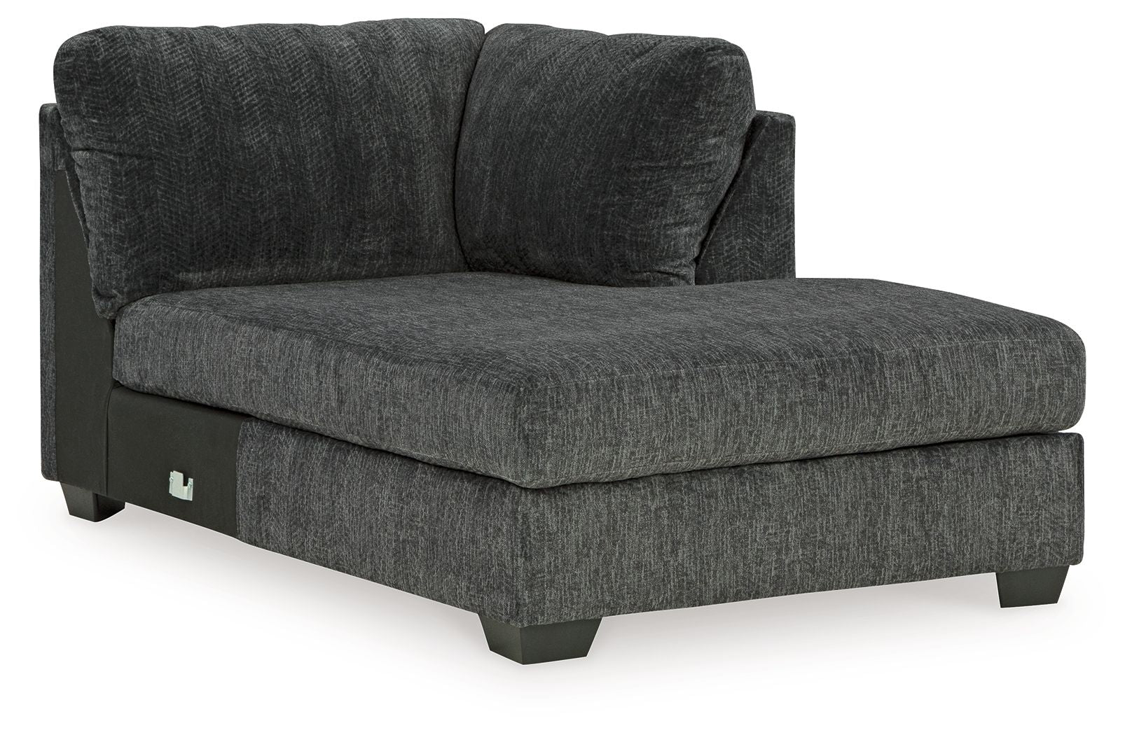 Dark gray fabric corner chaise with rounded backrest and arm, cushioned seat and block legs.