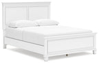 White panel bed with paneled headboard, low footboard, and upholstered mattress