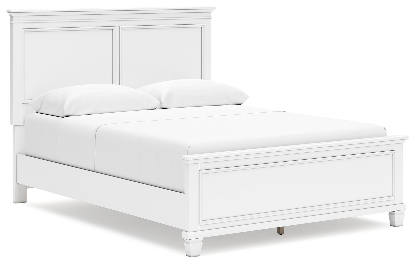 White panel bed with paneled headboard, low footboard, and upholstered mattress
