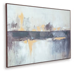 Framed abstract blue, white, and tan wall art with crosswise brushstroke blocks.