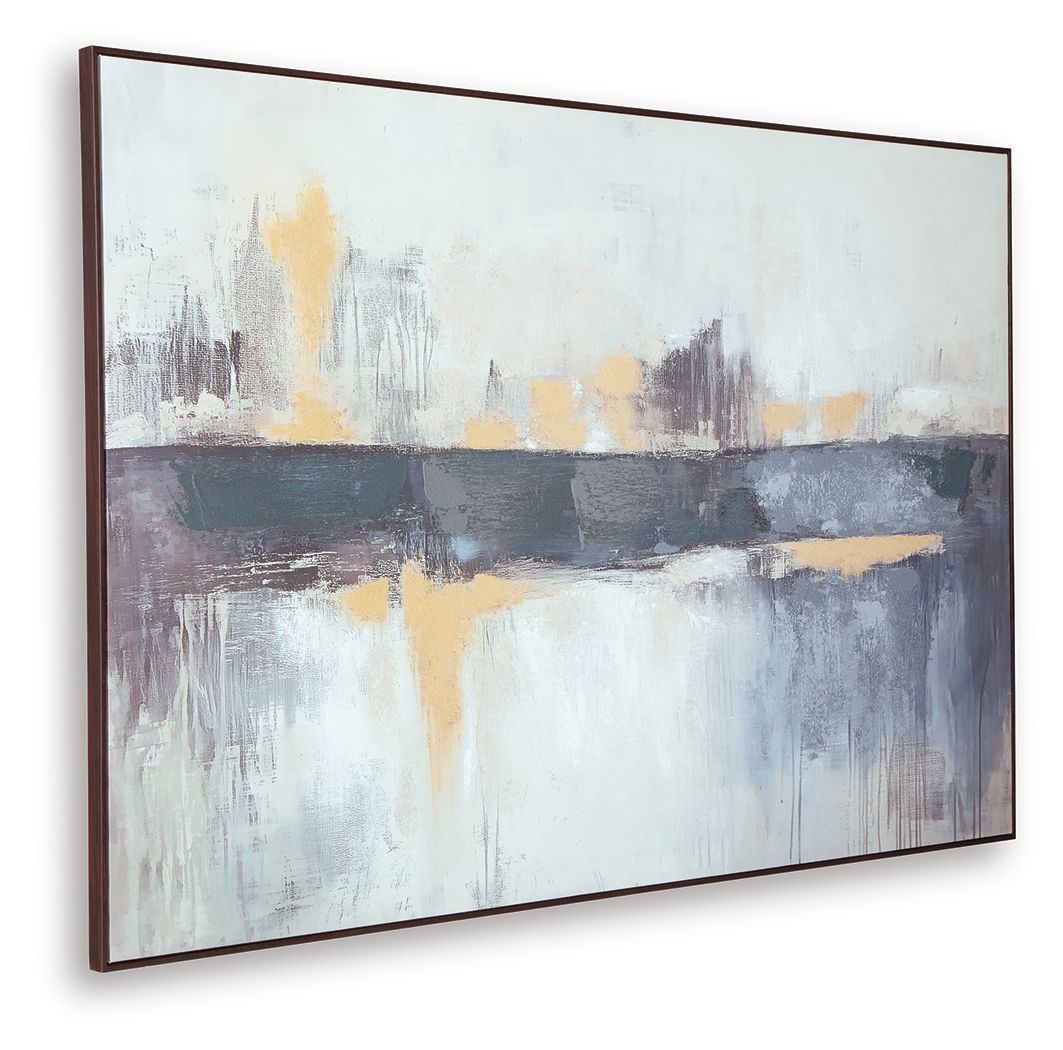Framed abstract blue, white, and tan wall art with crosswise brushstroke blocks.