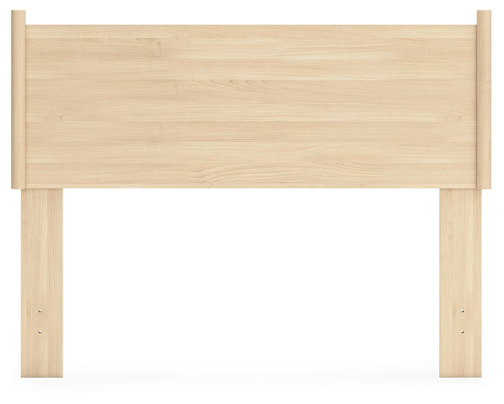 Tan full-panel headboard with horizontal wood grain and side legs