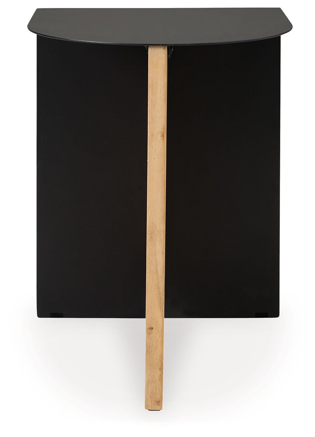Black accent table with round top, natural wood center leg, open underside