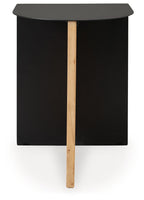 Black accent table with round top, natural wood center leg, open underside