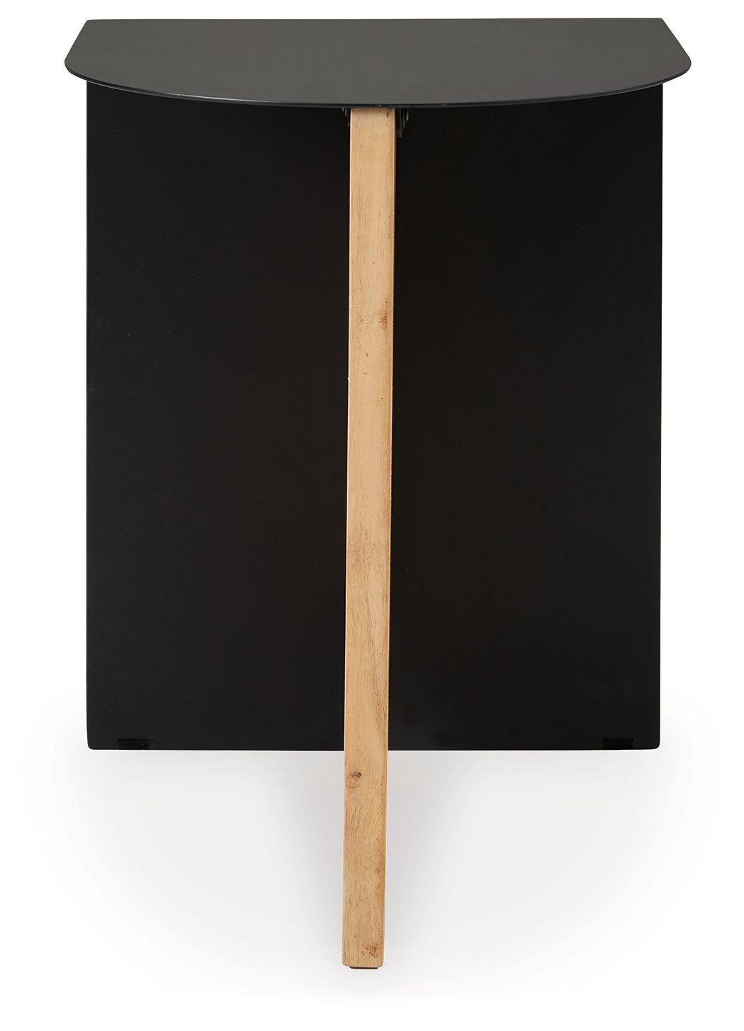 Black accent table with round top, natural wood center leg, open underside