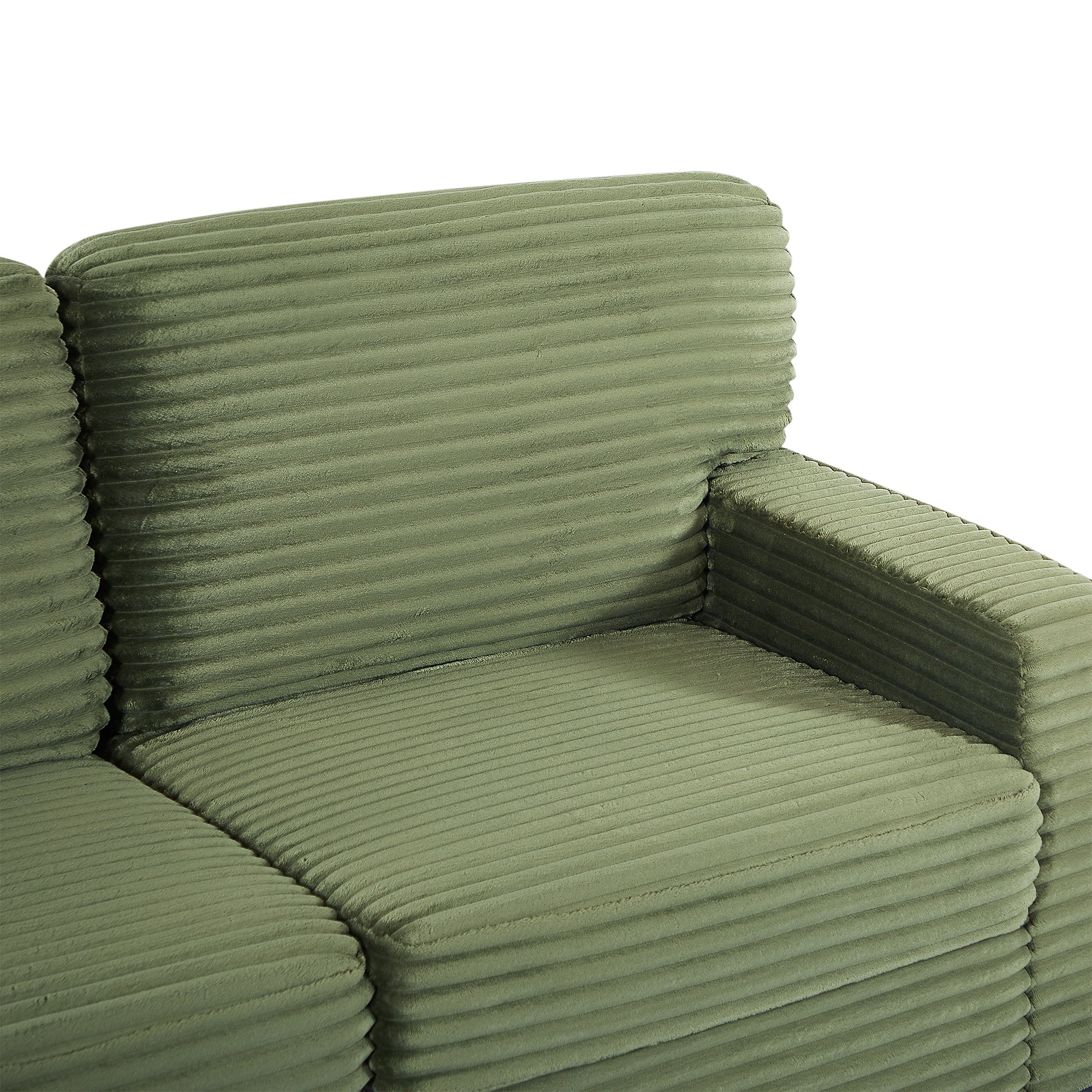 Green corduroy sectional chaise with backrest and ribbed seat cushions