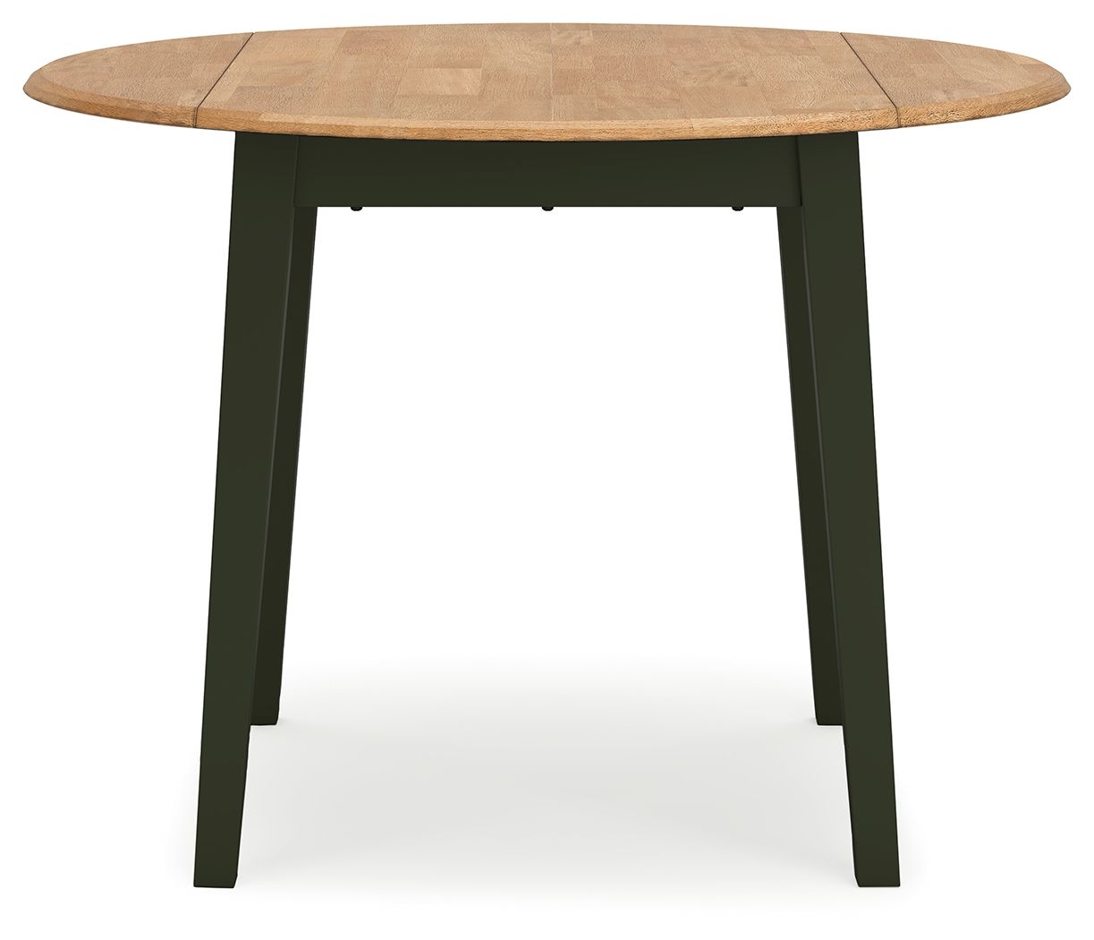 Round drop-leaf dining table with wood top and green legs