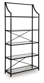 Antique black bookcase with open shelves and X braces