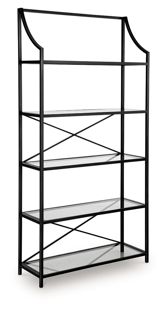 Antique black bookcase with open shelves and X braces