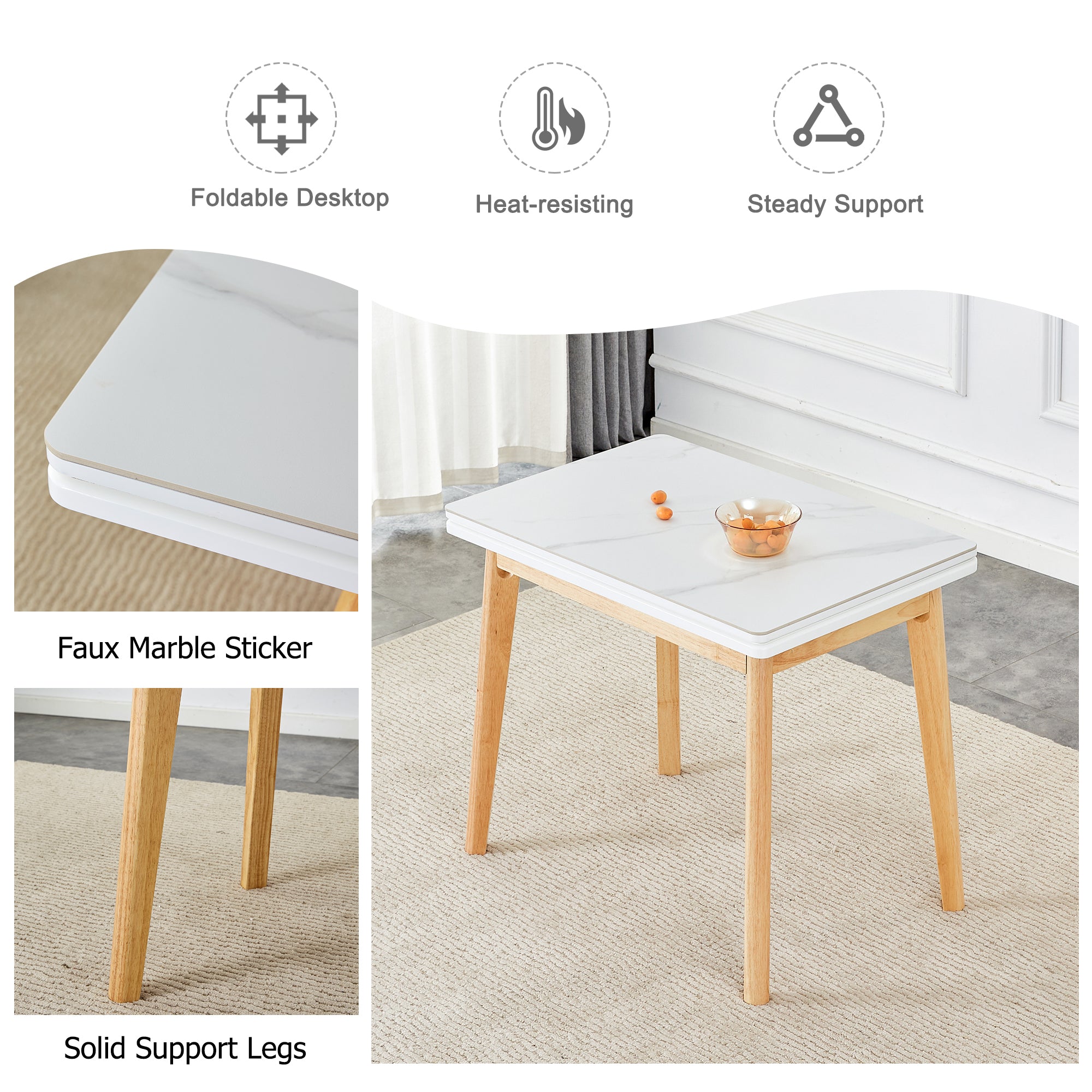 Foldable Sintered Stone Table - Rubber Wood Legs