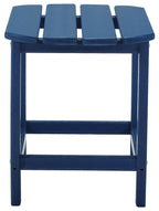 Outdoor end table in medium blue with slatted top and open lower shelf