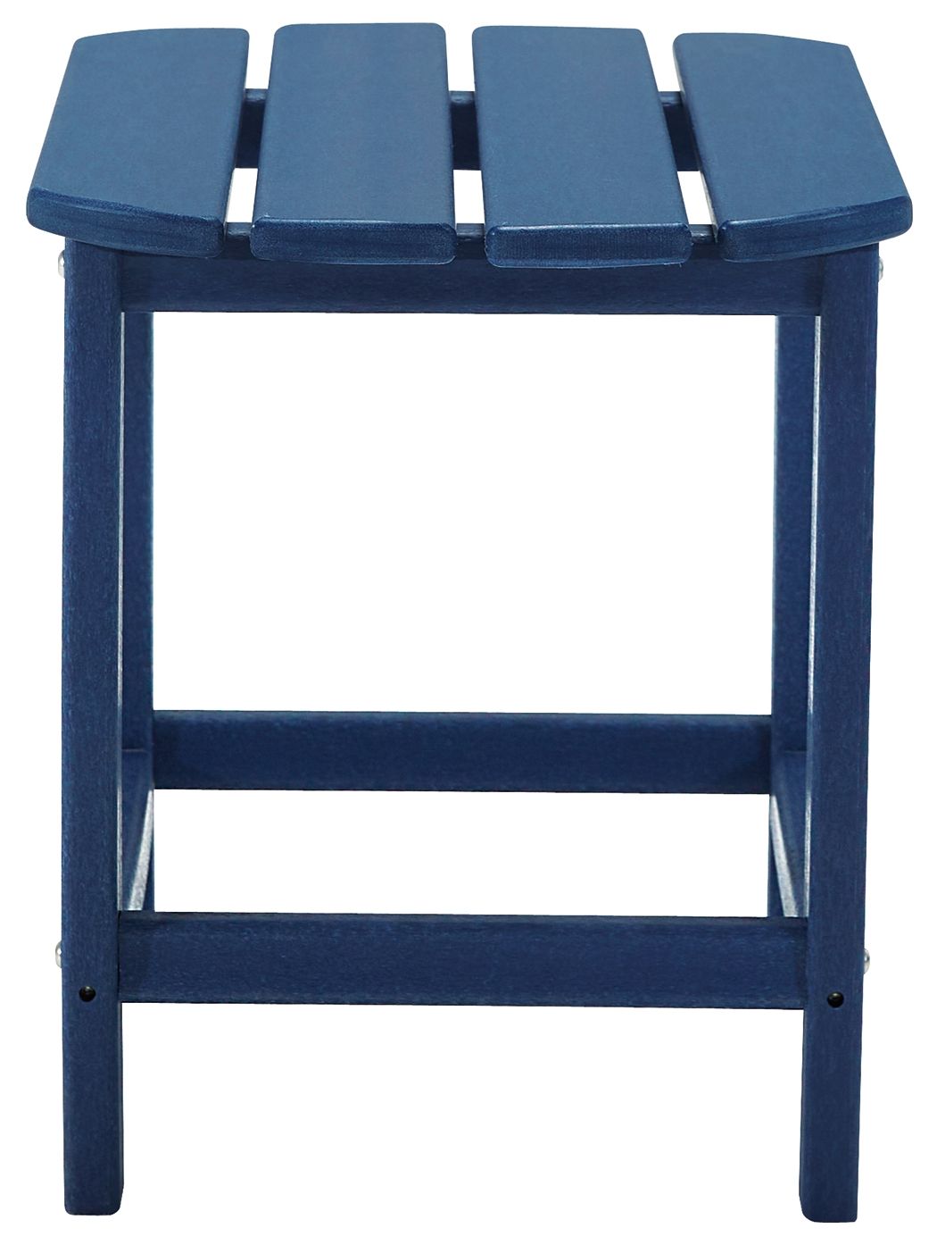 Outdoor end table in medium blue with slatted top and open lower shelf