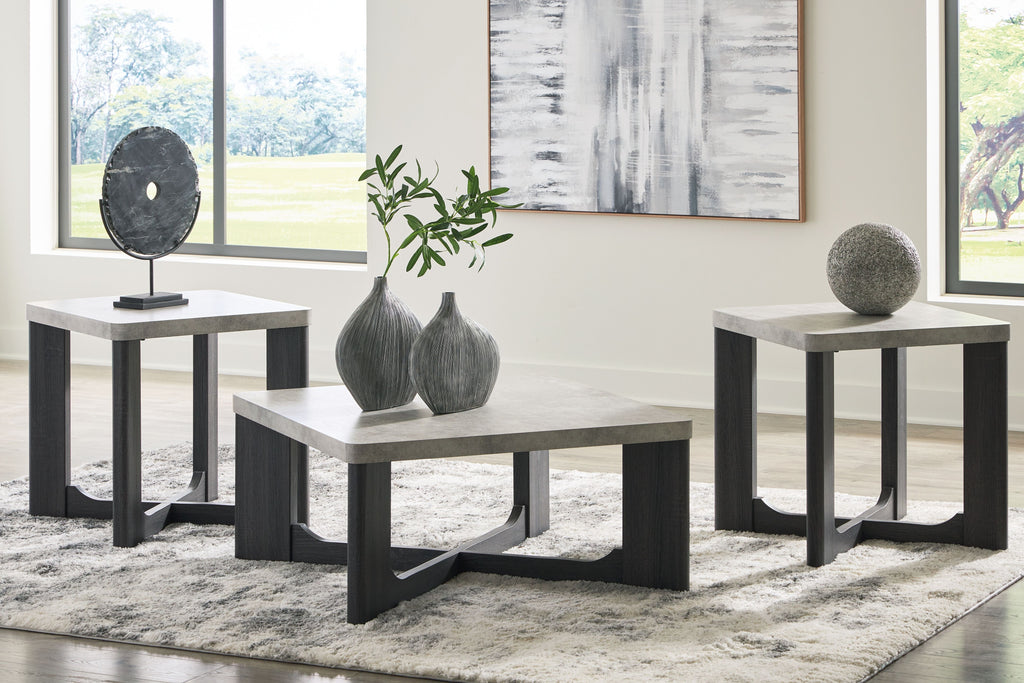 Occasional table set with two-tone gray tops and dark frames, three-table view