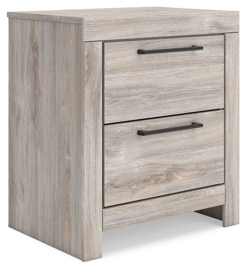 Gray two-drawer night stand with black bar handles, wood-look finish