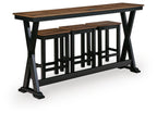 Rectangular dining counter table set with 3 square stools, brown wood top and black base