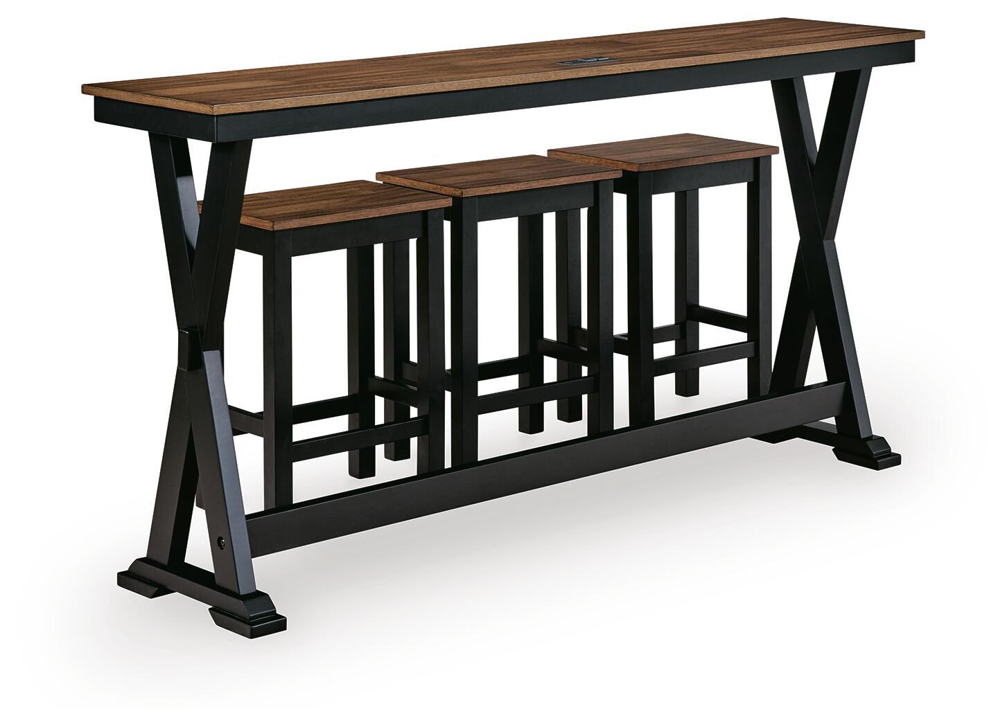 Rectangular dining counter table set with 3 square stools, brown wood top and black base