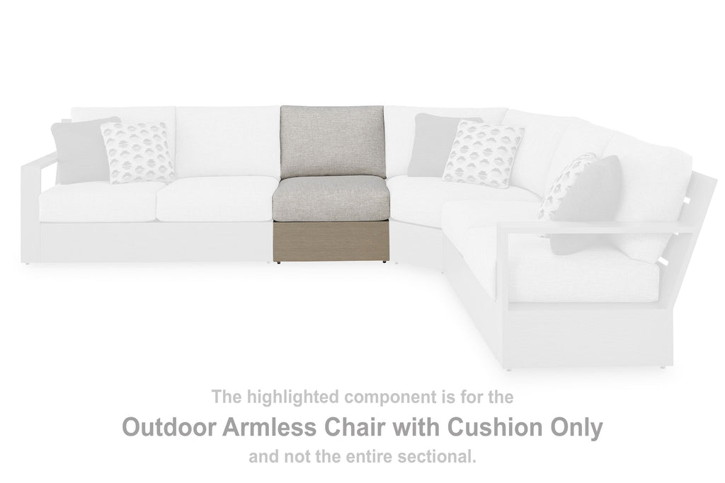 Armless chair with cushion shown as part of a sectional, light gray and brown