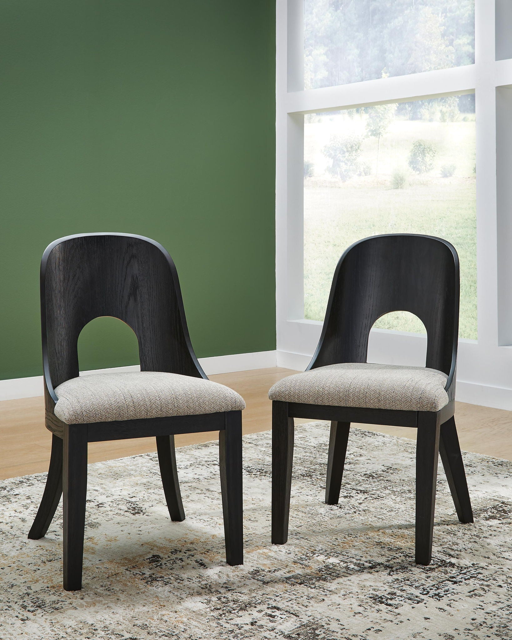 Upholstered dining side chairs set of 2 with dark wooden legs and beige seat cushions