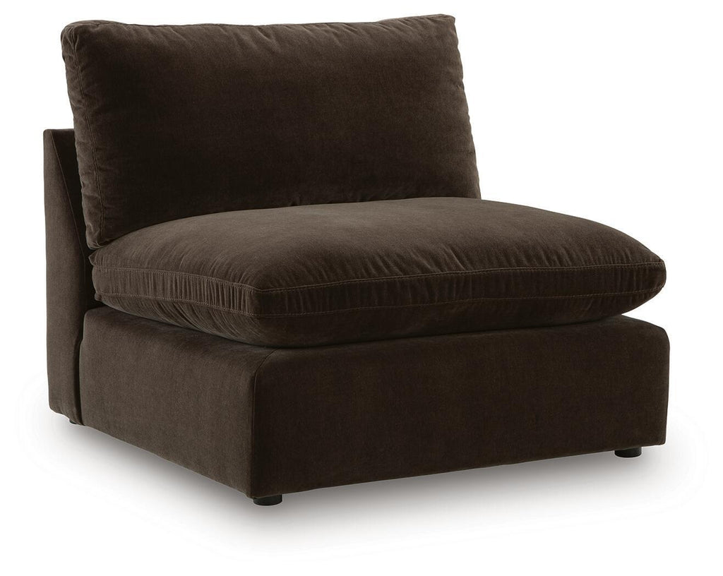 Armless chair in dark brown fabric with rounded seat and backrest cushion