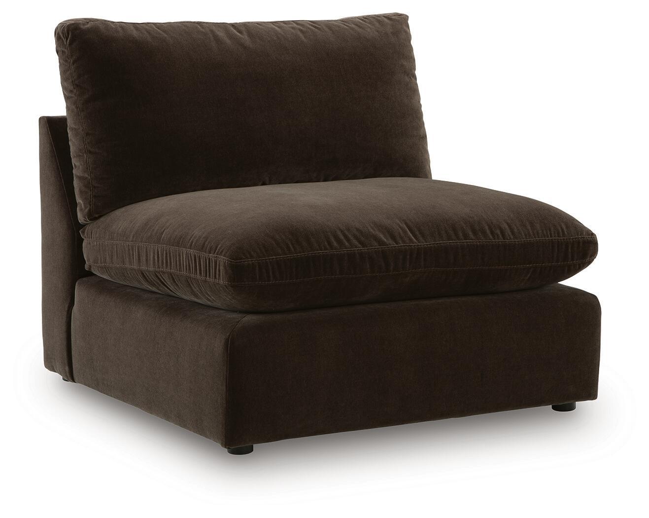 Armless chair in dark brown fabric with rounded seat and backrest cushion