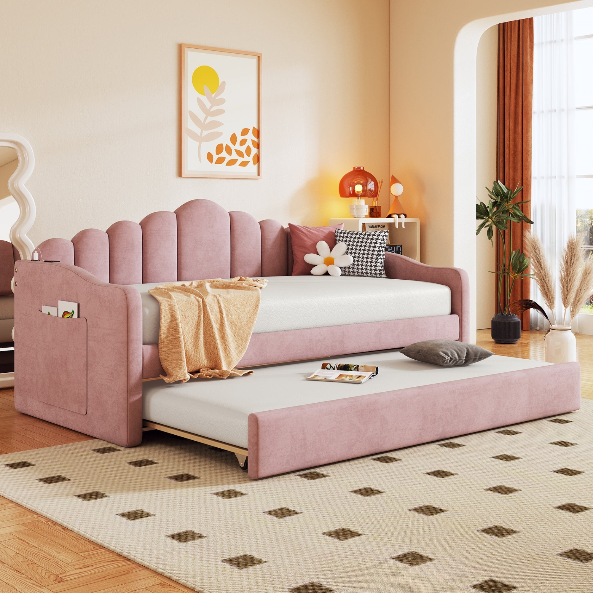 Pink Twin Velvet Daybed w/ Trundle, USB Charging, No Box-Spring