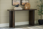 Console sofa table in grayish brown with open base and square legs