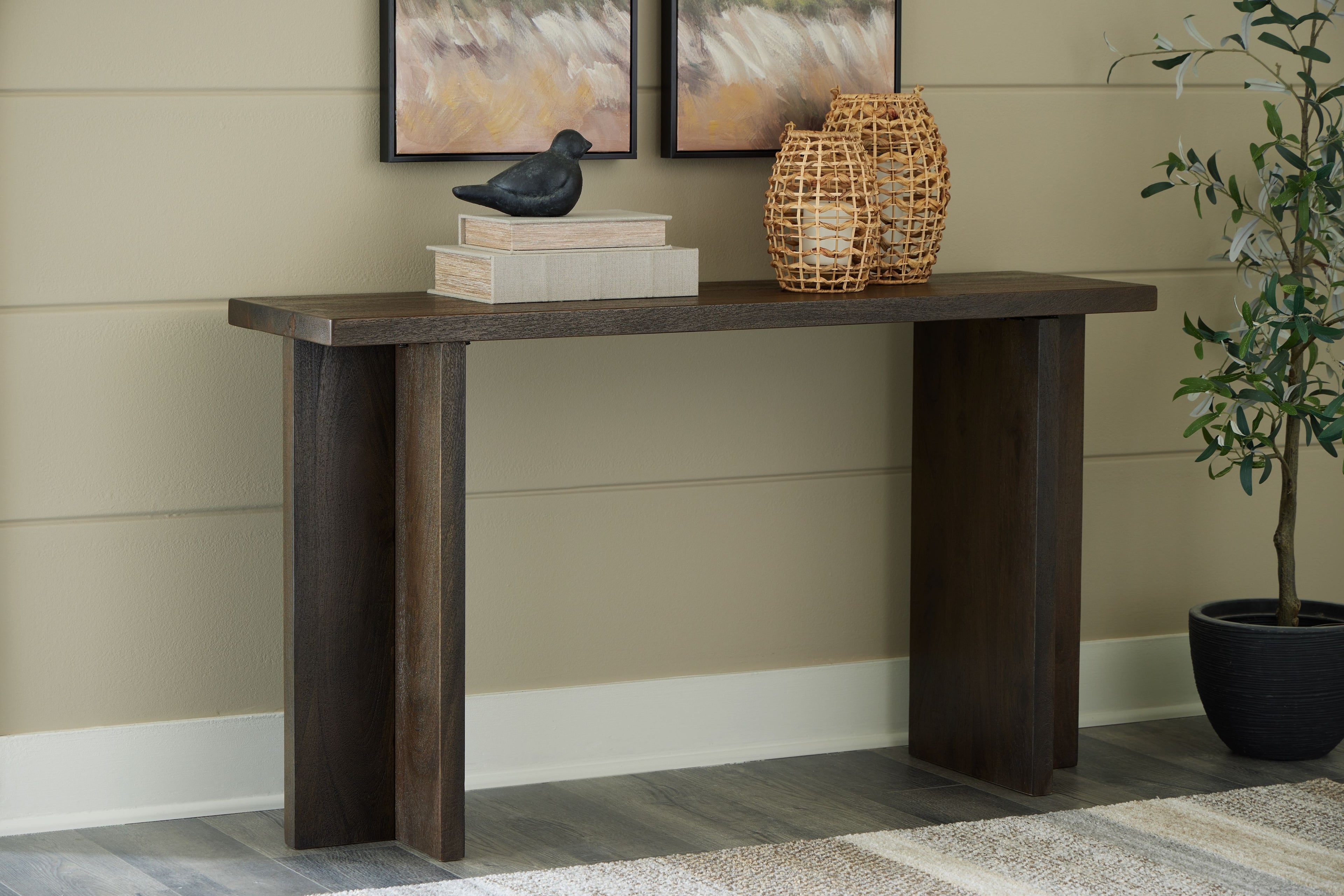 Console sofa table in grayish brown with open base and square legs
