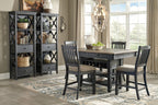 Dark gray counter height dining table with bar stools and display shelving cabinet