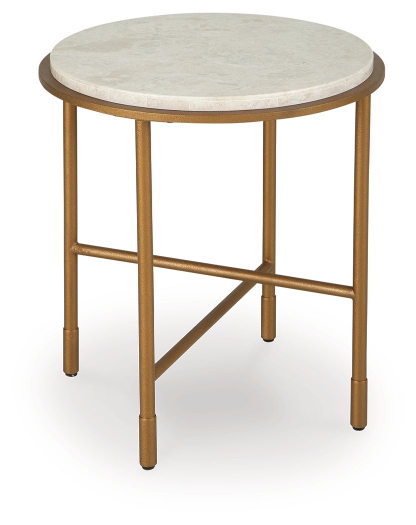 Round end table with cream stone-look top and gold metal legs, open cross brace.