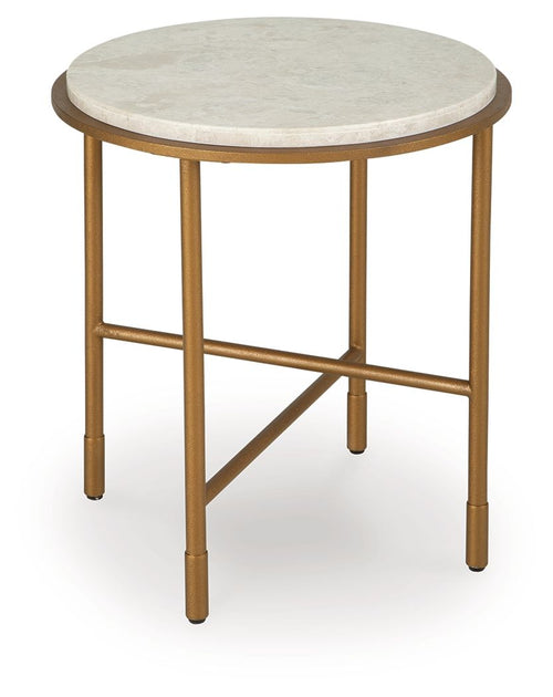 Round end table with cream stone-look top and gold metal legs, open cross brace.